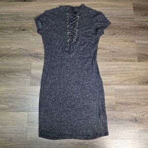 J for Justify Womens Medium Mini Dress Charcoal Grey Lace Up Mock Neck Marled